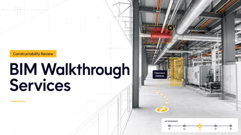 BIM walkthrough services used to review MEP systems, clearance zones, and construction sequencing before site work begins